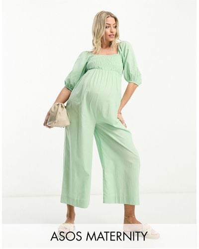 ASOS Asos Design Maternity - Gesmokte Jumpsuit Met Pofmouwen En Linnenlook - Groen