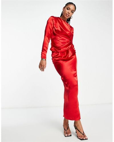ASOS Satin High Drape Neck Maxi Dress With Long Sleeves - Red