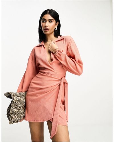 ASOS Long Sleeve V Neck Wrap Mini Dress - Pink
