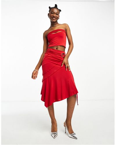 Motel Bandeau Slinky Belted Midi Skirt Co-ord - Red