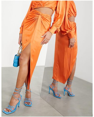 ASOS Satin Knot Front Midi Skirt With Split - Orange