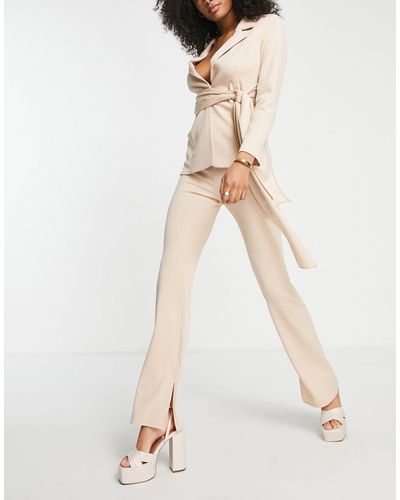 ASOS Glam Jersey Linen Look Suit Trousers With Split - Natural