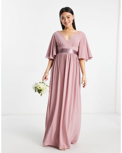 TFNC London Bridesmaid Kimono Sleeve Pleated Maxi Dress With Angel Sleeve - Pink