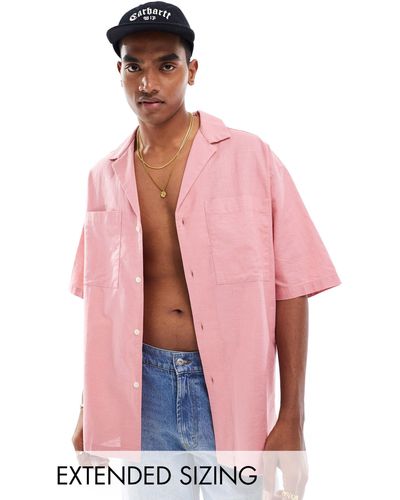 ASOS 90s Oversized Linen Blend Shirt With Deep Revere Collar - Pink