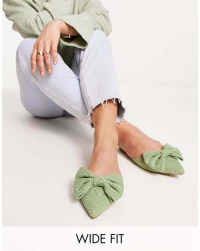 ASOS Wide Fit Lass Oversized Bow Pointed Flat Mules - Green