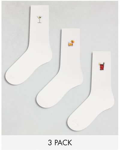 ASOS 3 Pack Sock With Drinks Embroidery - White
