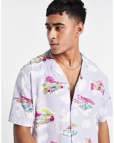 New Look Short Sleeve Revere Collar Shirt With Cloud Print - White