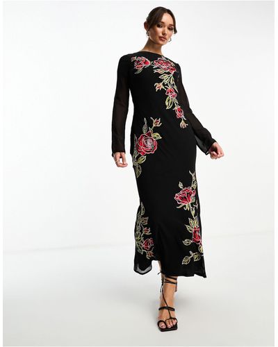 ASOS Long Sleeve Maxi Dress With Red Floral Embroidery - Black