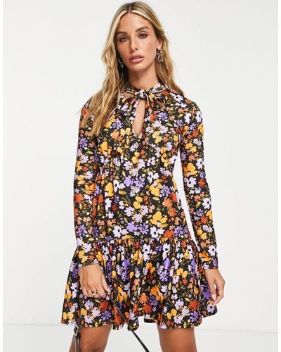 River Island Floral Pussybow Smock Mini Dress - Yellow