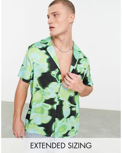 ASOS Relaxed Deep Revere Satin Shirt With Orchid Floral Print - Green