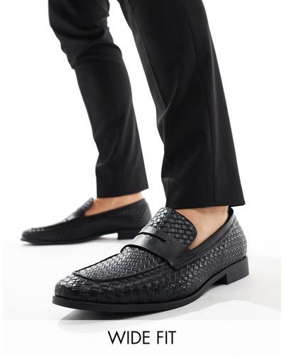 London Rebel Wide Fit Faux Leather Woven Loafers - Black