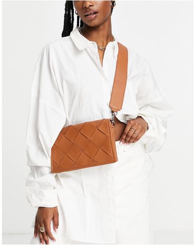 ASOS Leather Multi Gusset Crossbody Bag With Weave - Brown