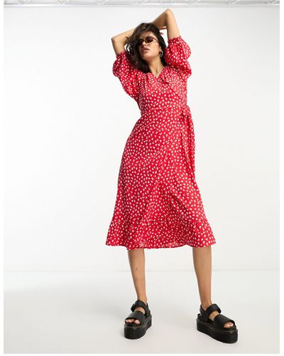 ONLY Puff Sleeve Wrap Midi Dress - Red