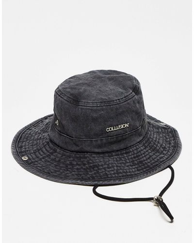Collusion Unisex Washed Denim Bucket Hat With String - Black