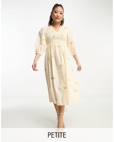 Y.A.S Petite Shirred Bodice Smock Midi Dress With Floral Embroidery - Natural