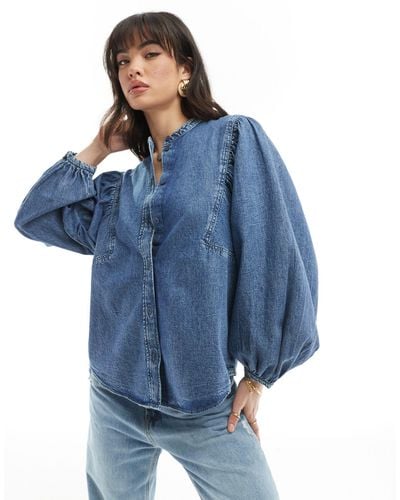 & Other Stories Denim Blouse With Volume Sleeves - Blue