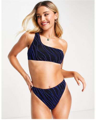 South Beach Top bikini monospalla nero/ zebrato con paillettes - Blu