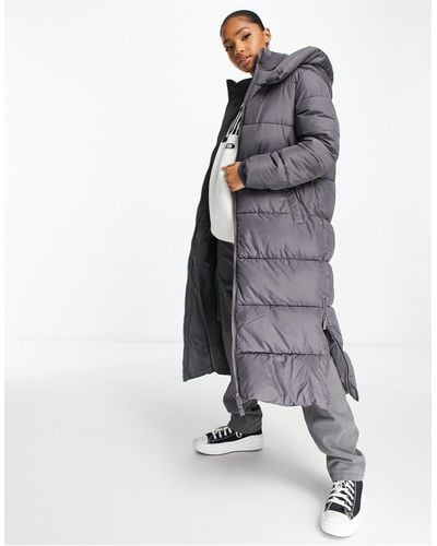 New Look Longline Padded Coat With Hood - Grey