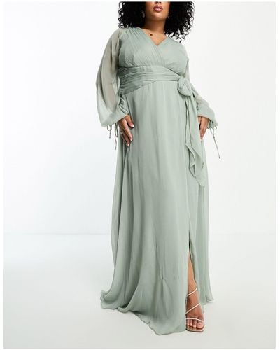 ASOS Asos Design Curve Bridesmaid Long Sleeve Ruched Maxi Dress With Wrap Skirt - Green