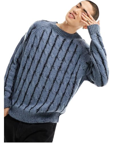 Collusion Cable Knit Plated Crew Neck Knitted Sweater - Blue