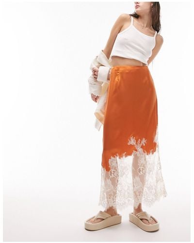 TOPSHOP Premium Lace Insert Midi Skirt - Orange