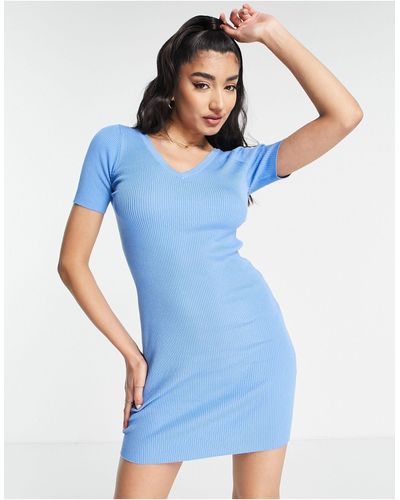 Jdy Bodycon Knitted V Neck Mini Dress - Blue