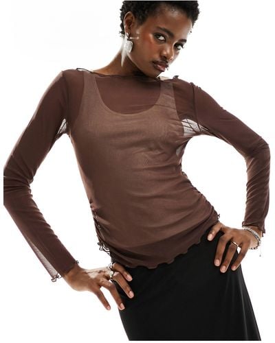 Collusion Double Layer Long Sleeve Slash Neck Top - Brown