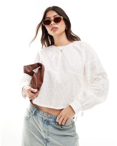 Object Drawstring Broderie Top With Raglan Sleeve - White