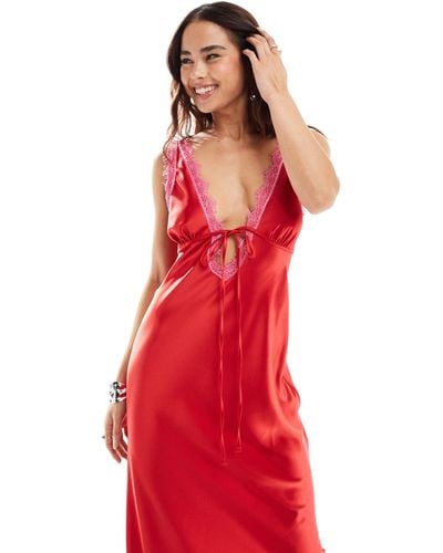 Miss Selfridge Satin Lace Trim Maxi Dress - Red