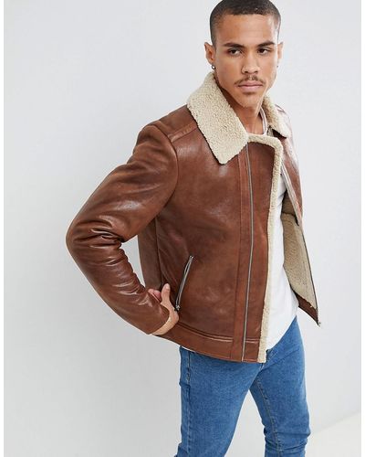 Jack & Jones Originals Faux Leather Flight Jacket With Full Teddy Lining - Brown