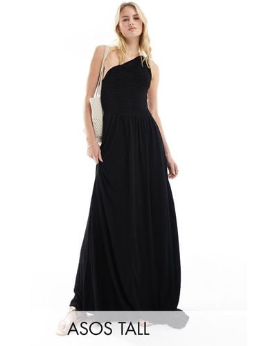 ASOS Asos Design Tall Shirred Crinkle One Shoulder Maxi Dress - Black