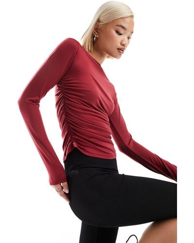 Reclaimed (vintage) Long Sleeve Asymmetric Ruched Top - Red