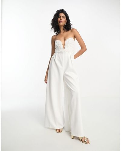ASOS 2 In 1 Plunge Fluffy Bodice Jumpsuit In Cream - White