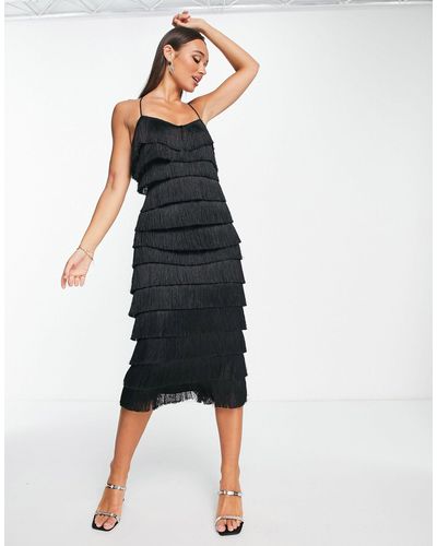 ASOS Tiered Midi Fringed Dress With Cross Back Detail - Black