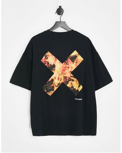 Collusion Unisex - T-shirt Met Vlammenlogo - Zwart