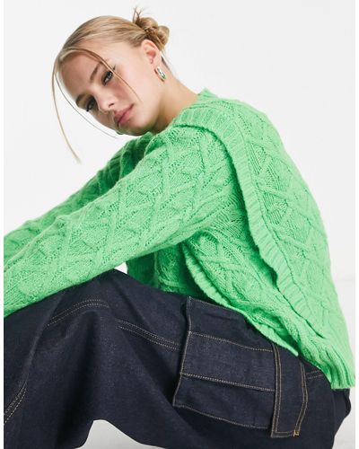 Native Youth Cable Knit Sweater With Shoulder Detail - Green