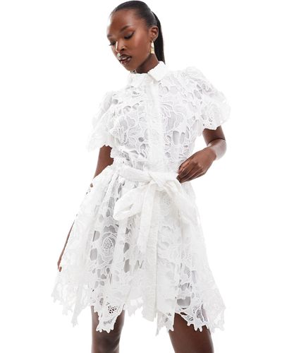 In The Style Lace Applique Puff Sleeve Belted Mini Shirt Dress - White