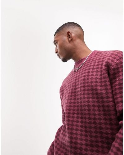 TOPMAN Knitted Jumper With All Over Diamond Geo - Red
