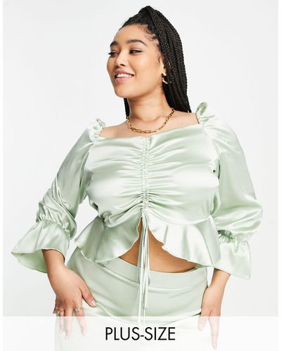 Flounce London Satin Ruched Front Blouse - Green