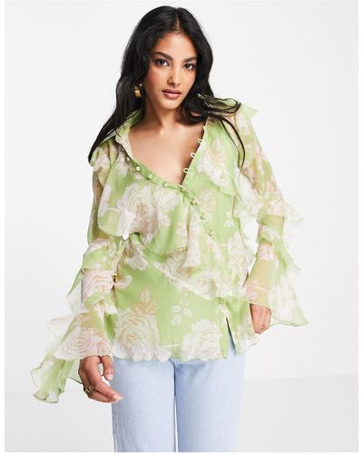 ASOS V Neck Ruffle Blouse With Frill Detail And Button Edge - Multicolour