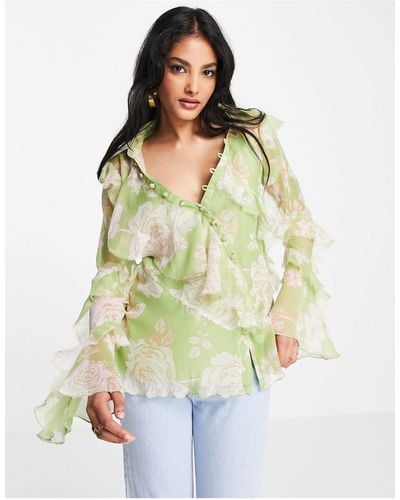 ASOS Blusa verde con estampado floral y cuello - Multicolor