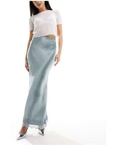 ASOS Satin Bias Maxi Skirt With Lace Trim - Blue