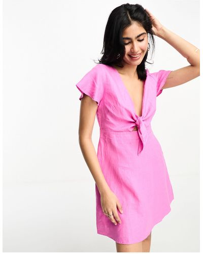 NA-KD Tie Front Linen Mini Dress - Pink
