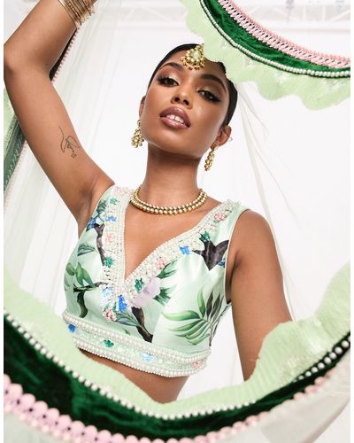 A Star Is Born Sleeveless Embellished Crop Top - Green