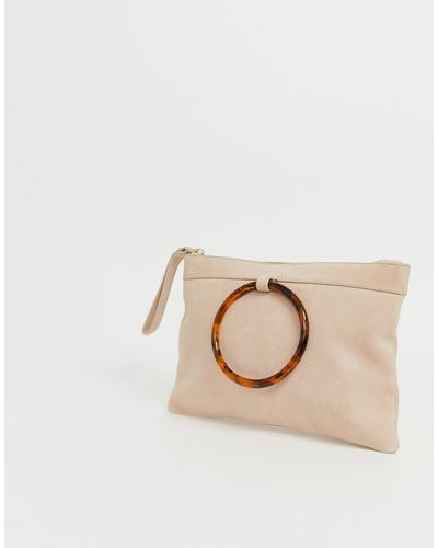 ASOS Suede Clutch Bag With Tort Ring Detail - Natural