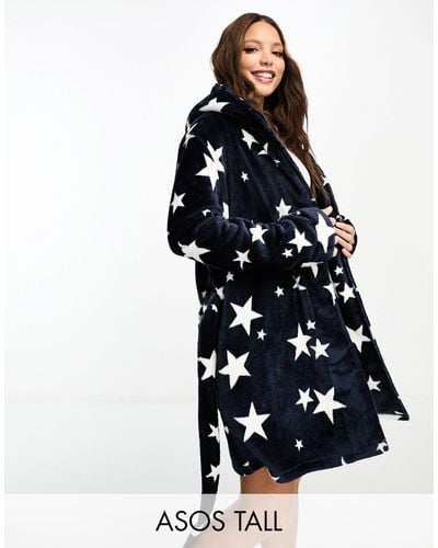 ASOS Asos Design Tall Super Soft Star Fleece Mini Robe - Blue
