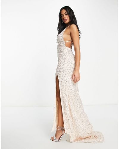 LACE & BEADS Exclusive Embellished Thigh Split Maxi Dress - White