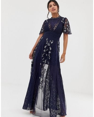 Amelia Rose Embroidered Lace Front Maxi Dress With Panel Inserts - Blue