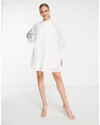 ASOS Pleated Babydoll Mini Dress With Oversized Cutwork Sleeve - White