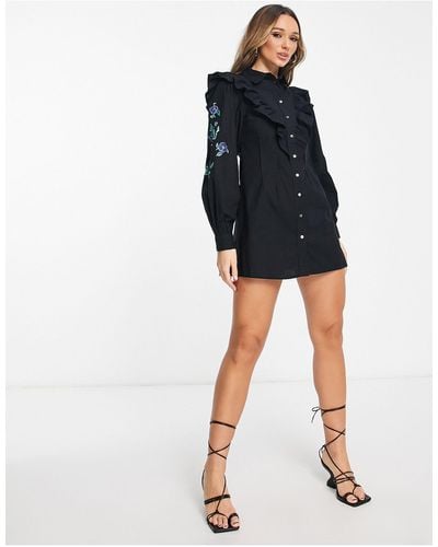 Y.A.S Embroidered Sleeve Button Through Mini Dress - Black